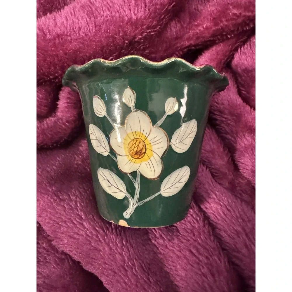 Vintage Italy Hand Painted Emerald Green Plant Pot Floral Decor 383/660